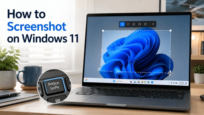 Windows 11 screenshot selection on a laptop with the Print Screen key highlighted