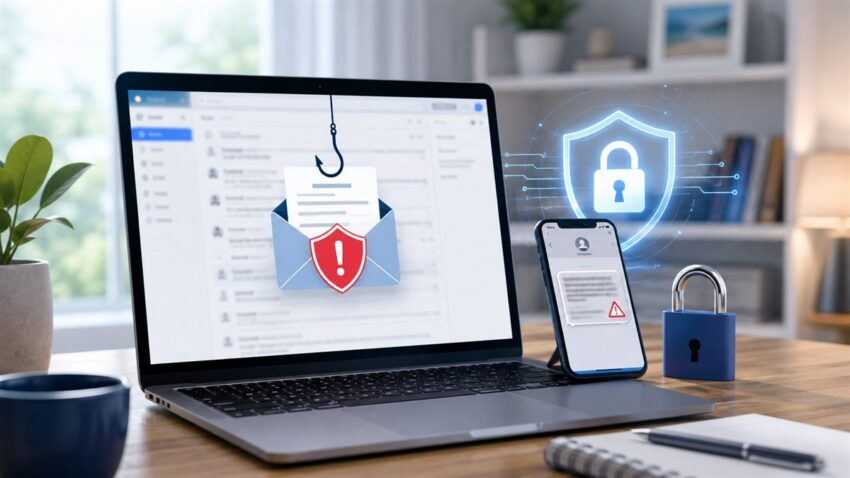 Phishing scam warning on laptop and phone with cybersecurity lock illustration
